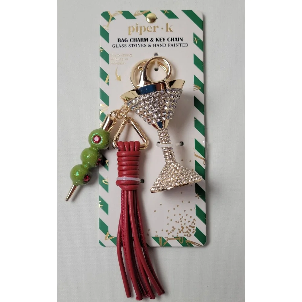 Piper K Martini Glass Bag Charm Key Chain Rhinestone Tassel Olive Gold Tone NWT
